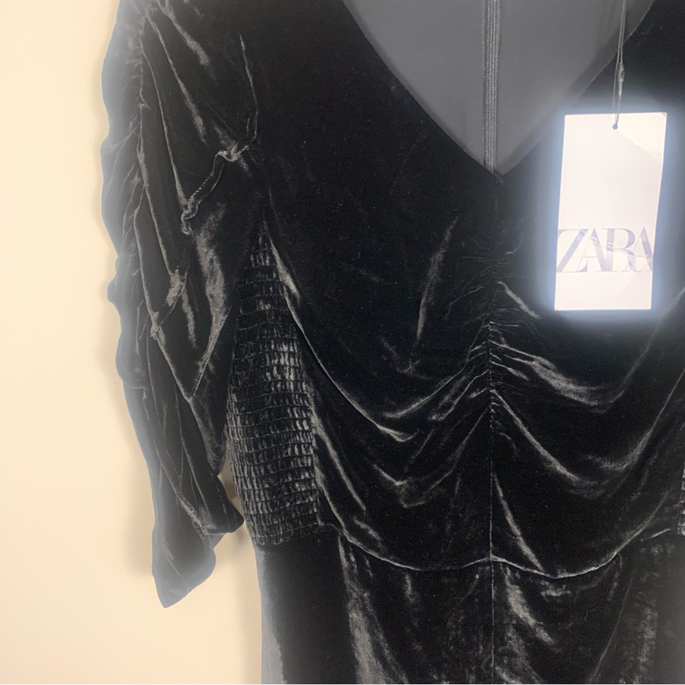 ZARA Velvet Ruched Ruffle Smocked Mini Dress - Picture 4 of 15